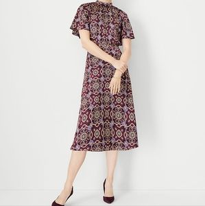 🪶 ANN TAYLOR | Plum Gold Medallion Mock Neck Flare Dress - EUC | Size 14